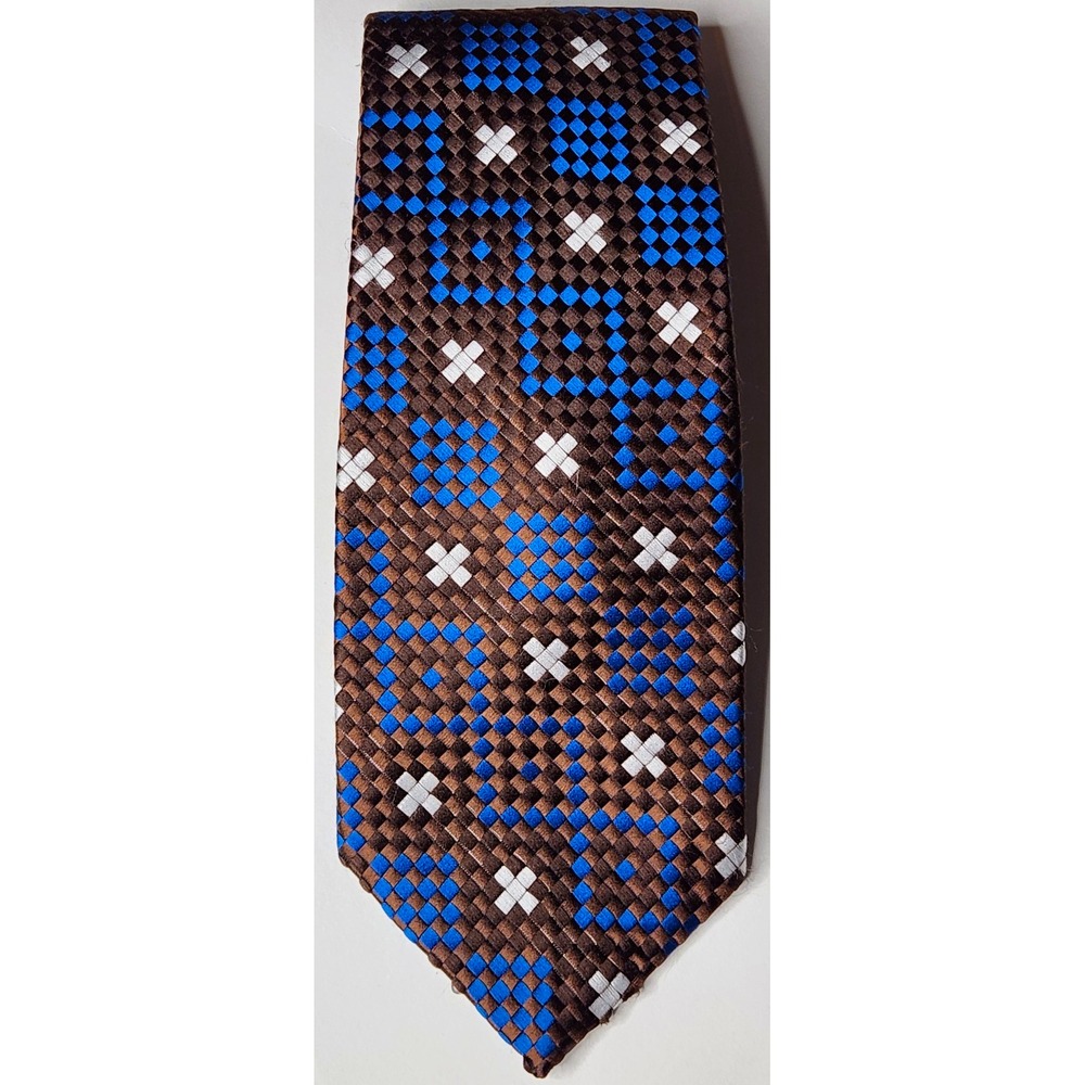 Wemlon Wembley 100% Silk Men's Tie Brown Blue White Geometric Woven Logo - 57"